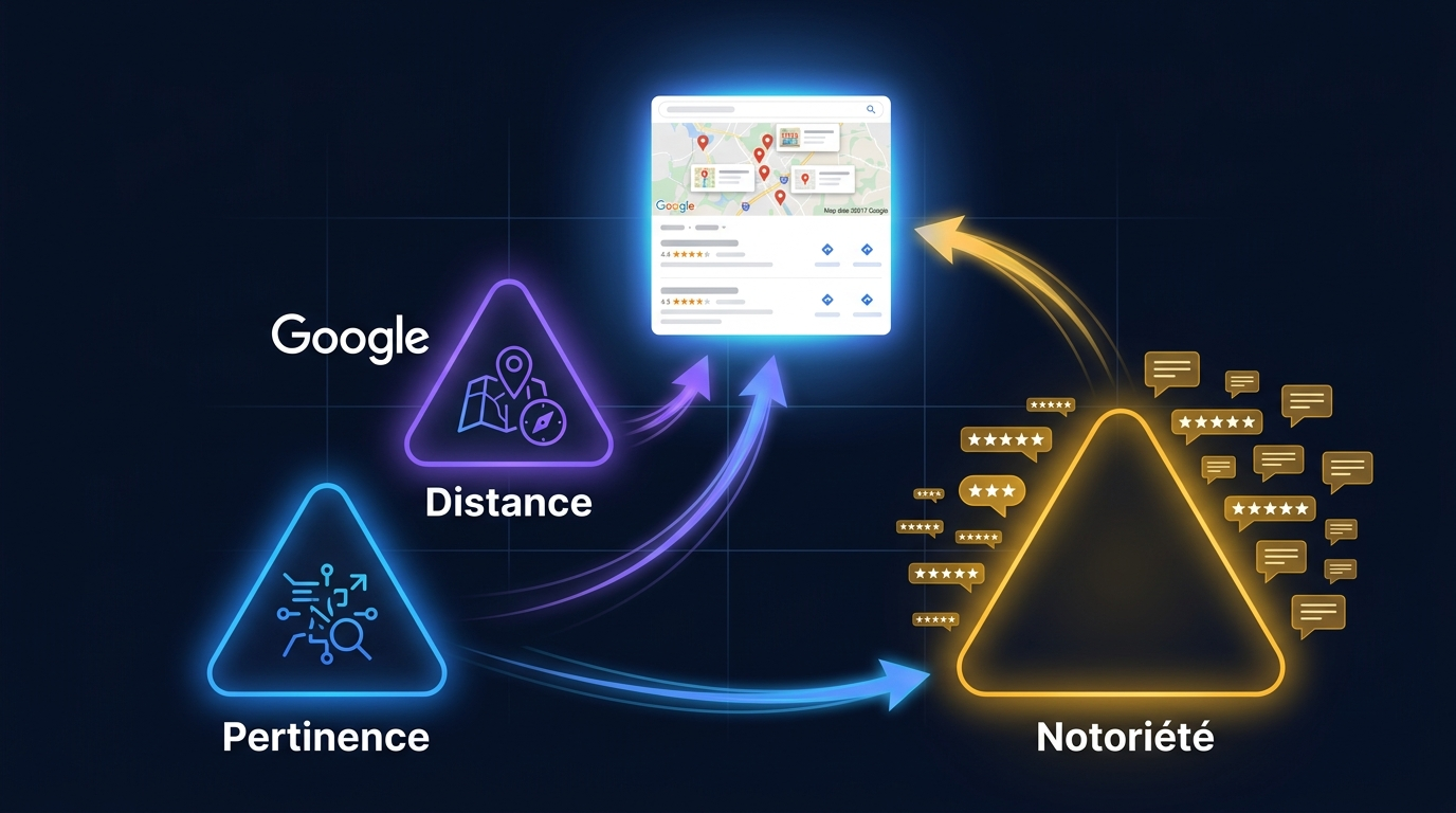 Diagramme montrant les trois piliers du référencement local Google : pertinence, distance et notoriété avec avis