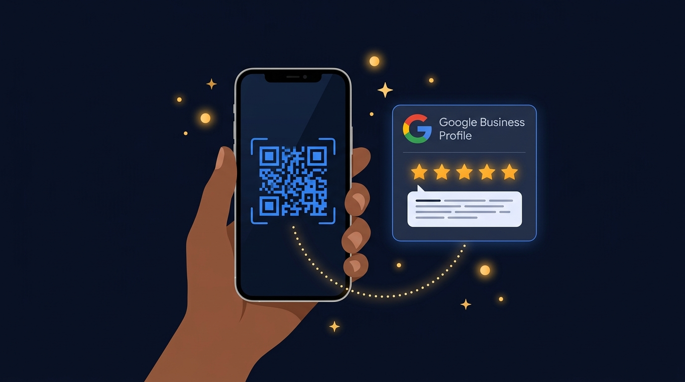 Smartphone affichant un QR code menant à une fiche Google Business avec 5 étoiles