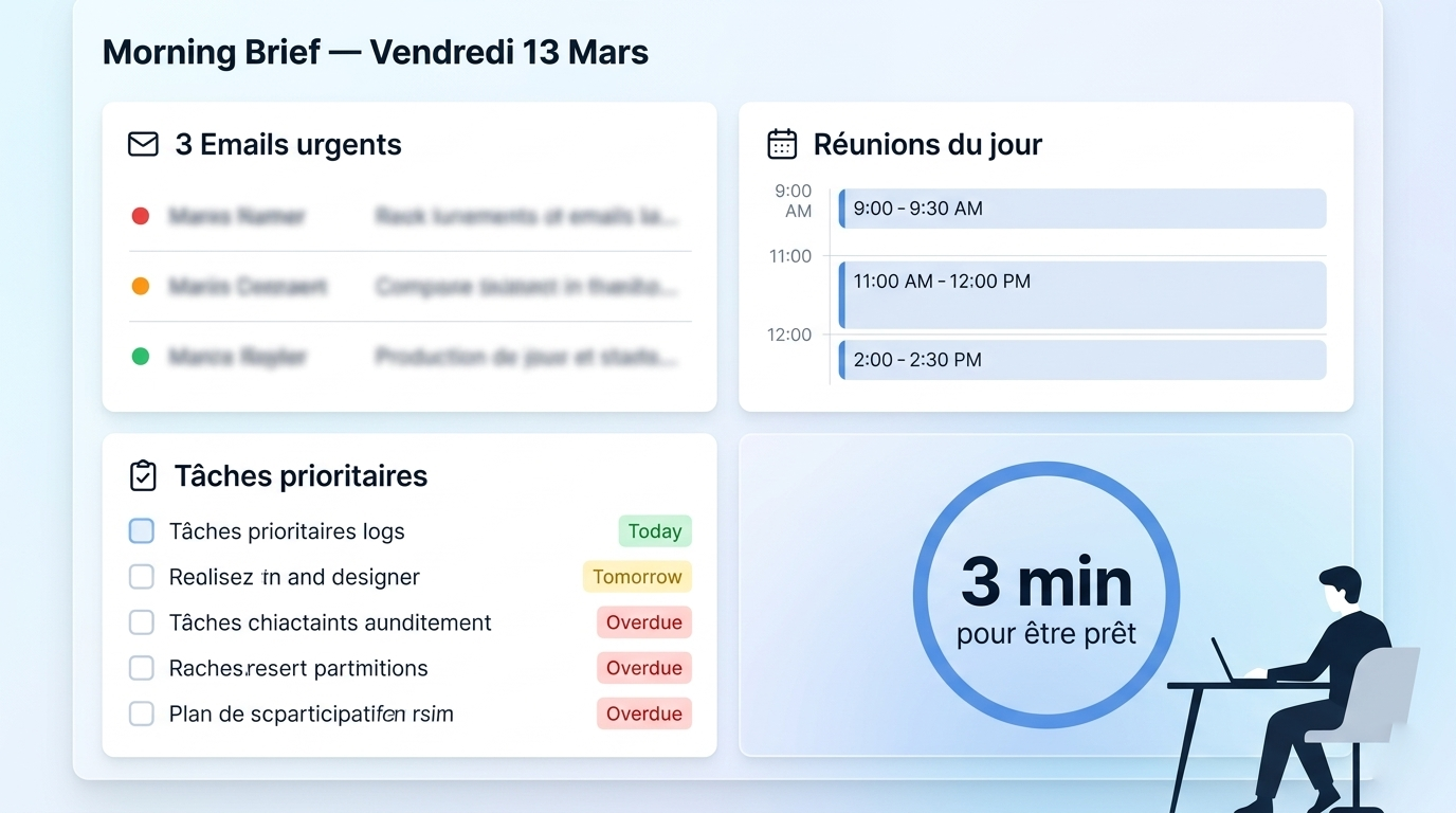 Le Morning Brief : votre journée entière résumée, priorisée et prête en 3 minutes.