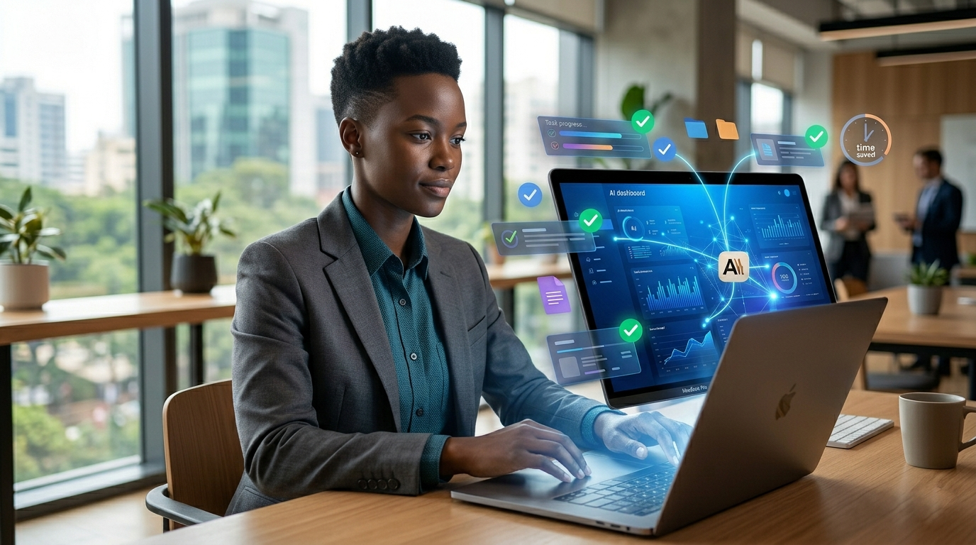 Entrepreneur africain utilisant Claude sur son Mac dans un bureau moderne