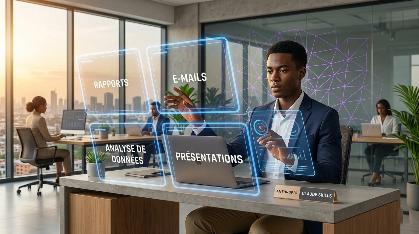 Entrepreneur africain travaillant avec des modules Claude Skills sur son ordinateur