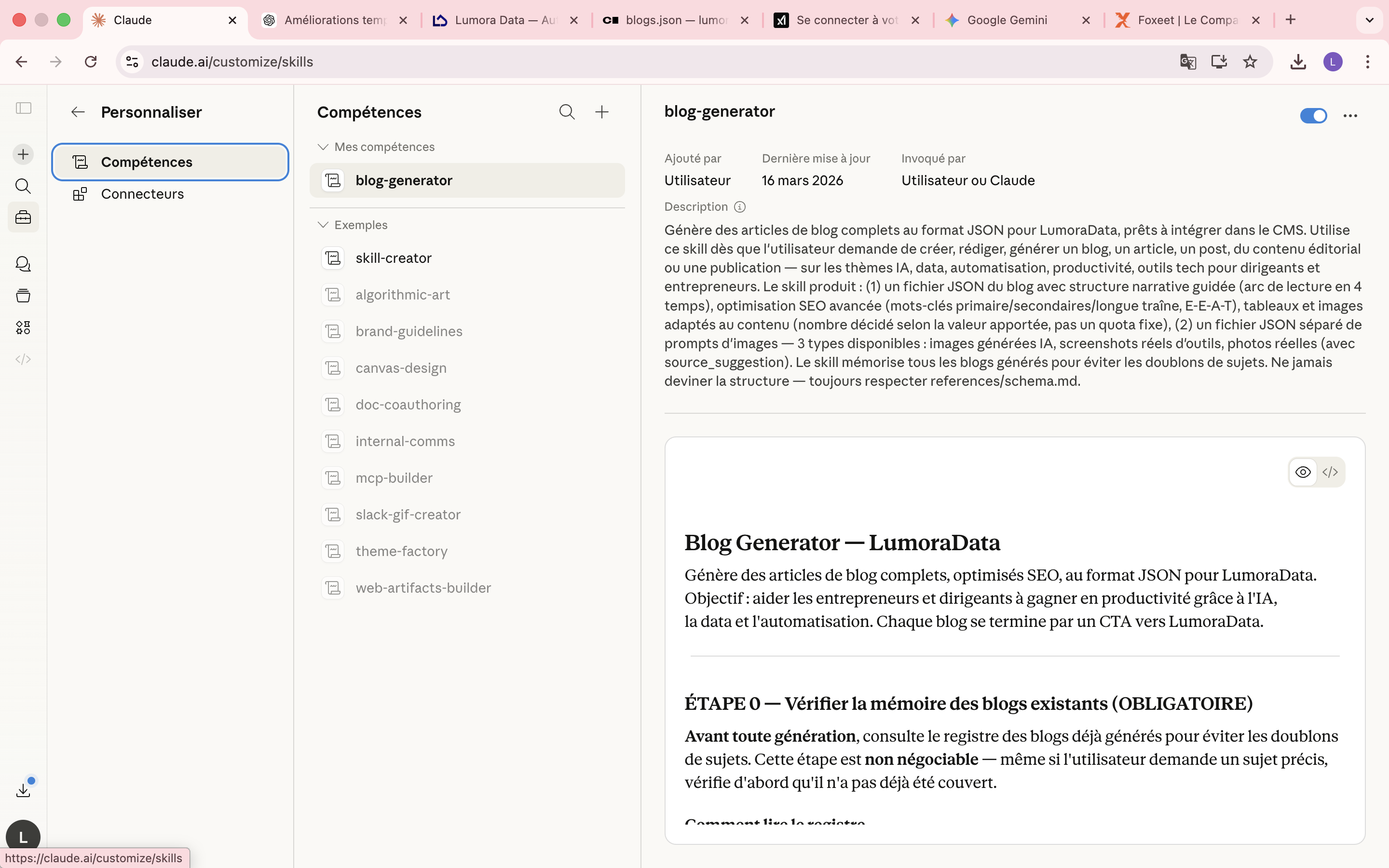 Interface Claude montrant l'activation et l'utilisation d'un Skill professionnel